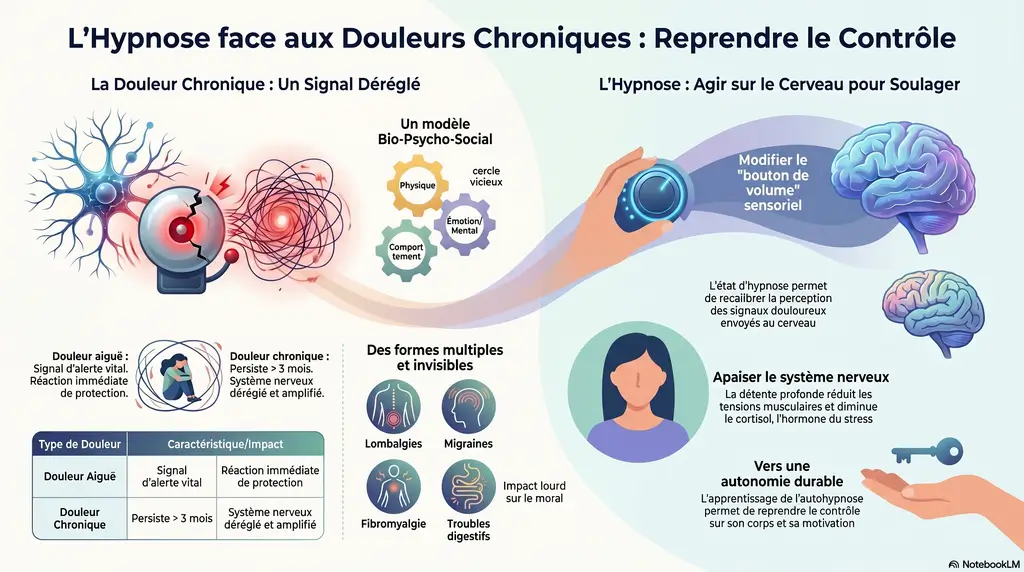Infographie explicative sur la prise en charge des douleurs chroniques par l'hypnose à Vesoul. Schéma présentant les mécanismes physiques et psychologiques de la douleur.